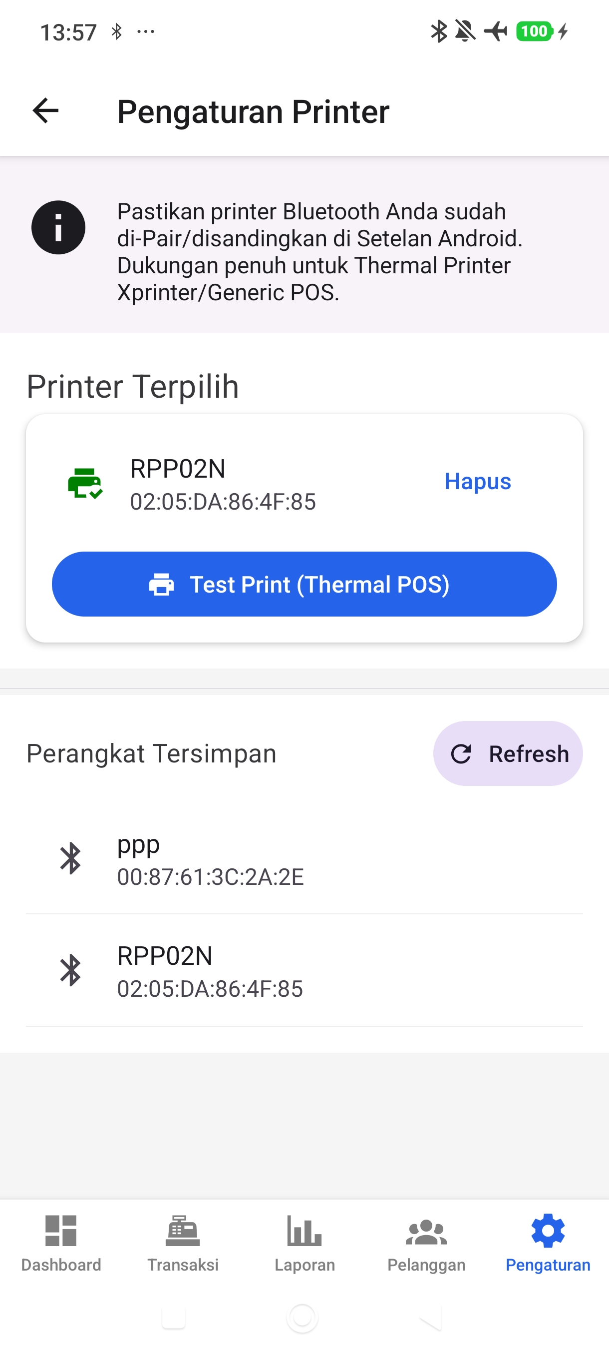 Pengaturan Printer Bluetooth Resik